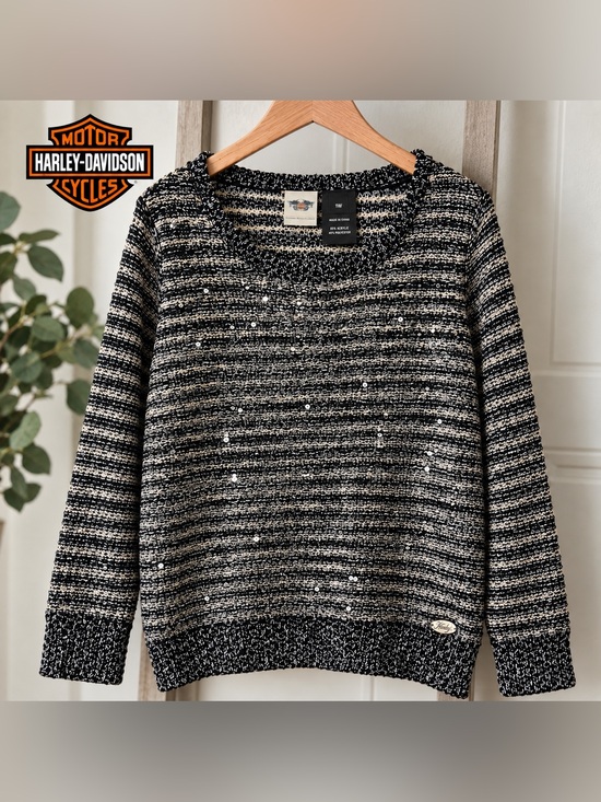 Harley-Davidson Sweaters - Harley-Davidson 1W Metallic Sequin Striped Knit Sweater Black Ivory